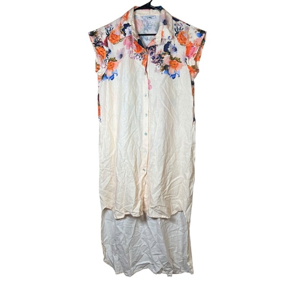 Cristina Vergani Italy Linen Hi-Low Floral Shirt Dress Button-Up Boho Midi Sz L - Picture 5 of 10